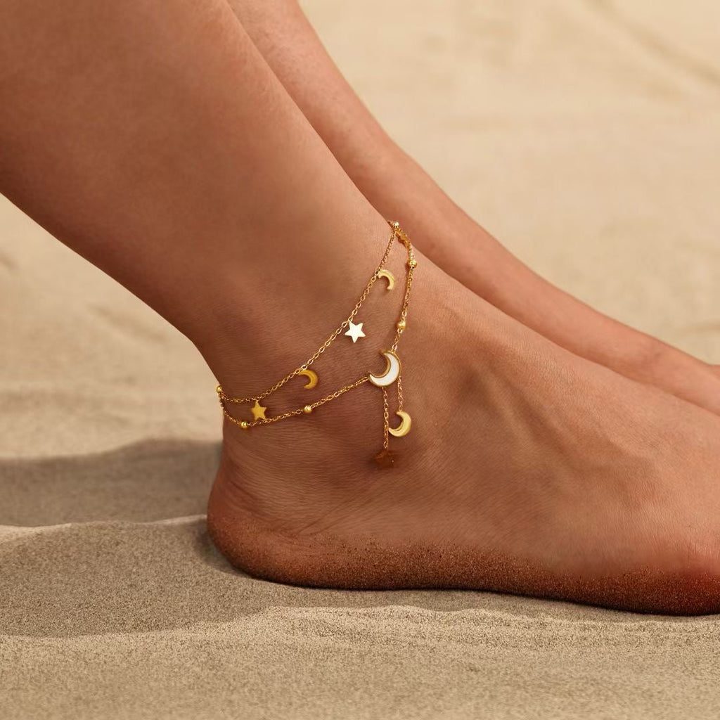 Cassia Luxe 18k Gold Double Layer Celestial Moon and Star Gold Anklet