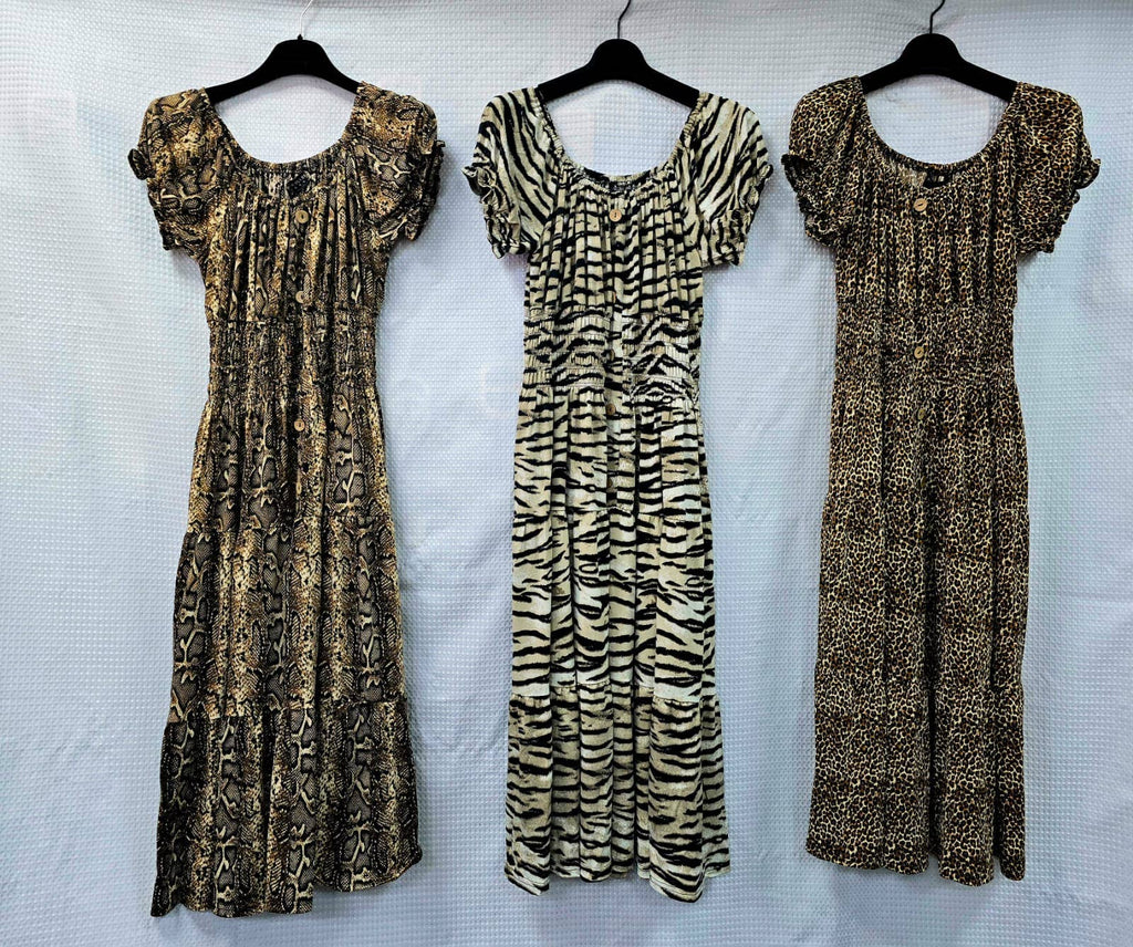Animal Printed Bardot Midi Dresses: Brown Leopard