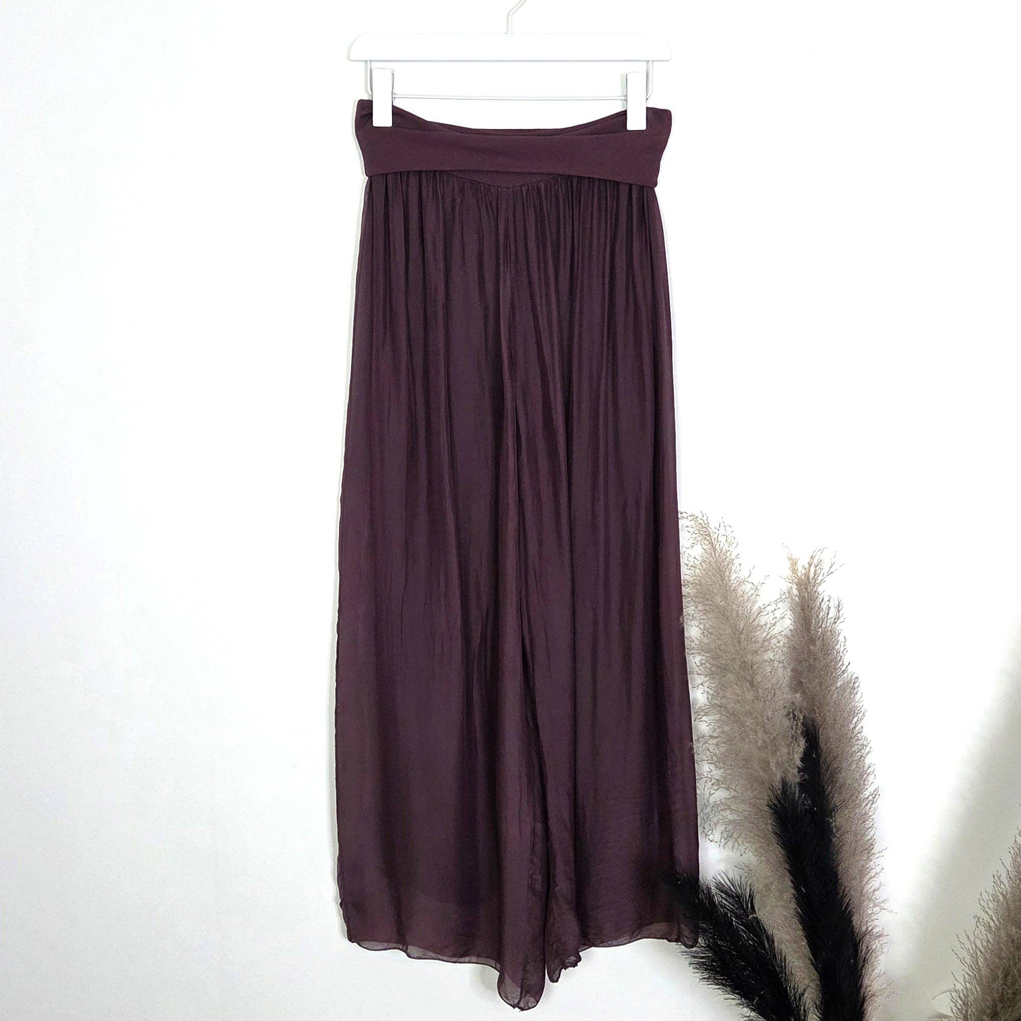Straight leg silk blend pants with stretchy jersey waist band (M-L): Plum
