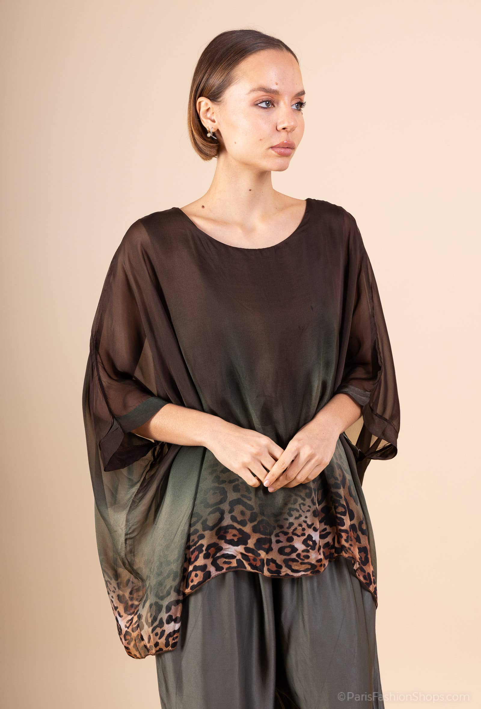 Leopard Print Silk Top 50489: 30% silk 70% viscose / Chocolate / One size