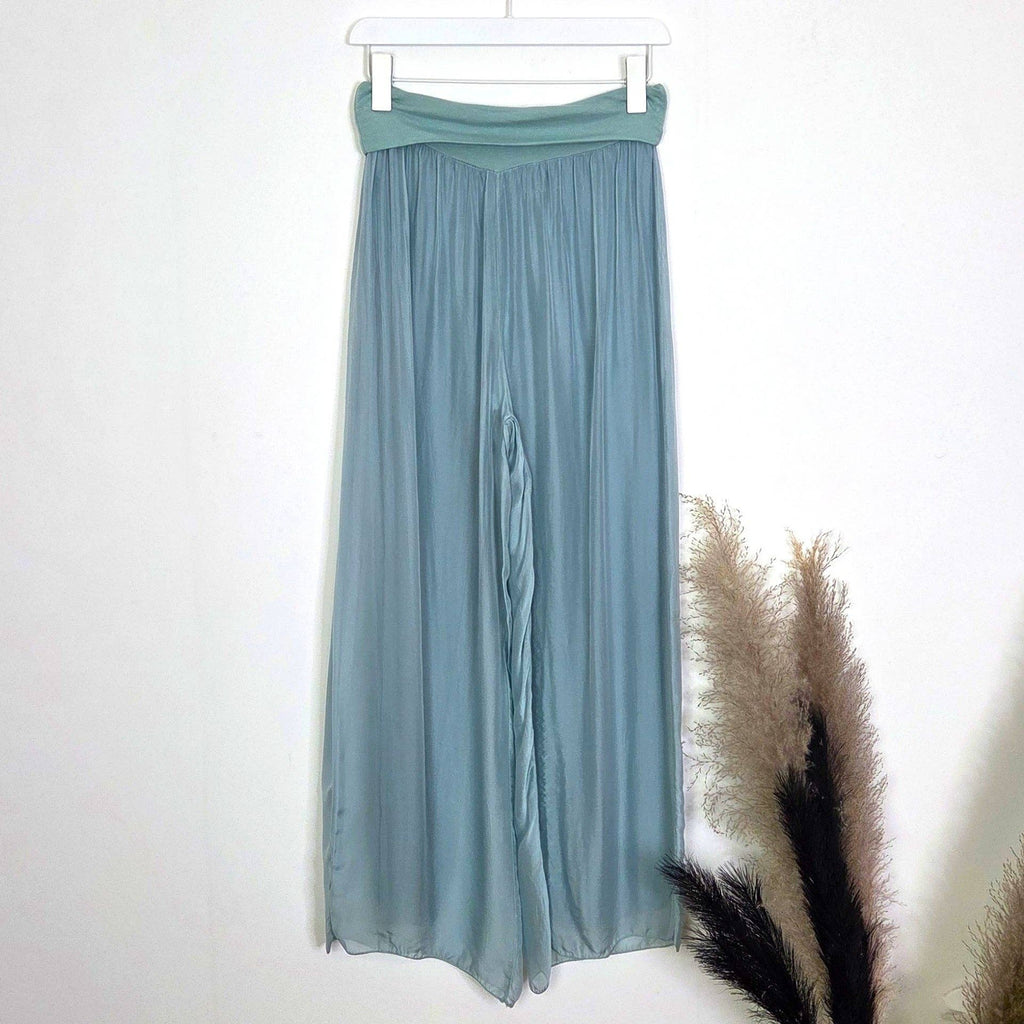 Straight leg silk blend pants with stretchy jersey waist band (M-L): Dark Grey