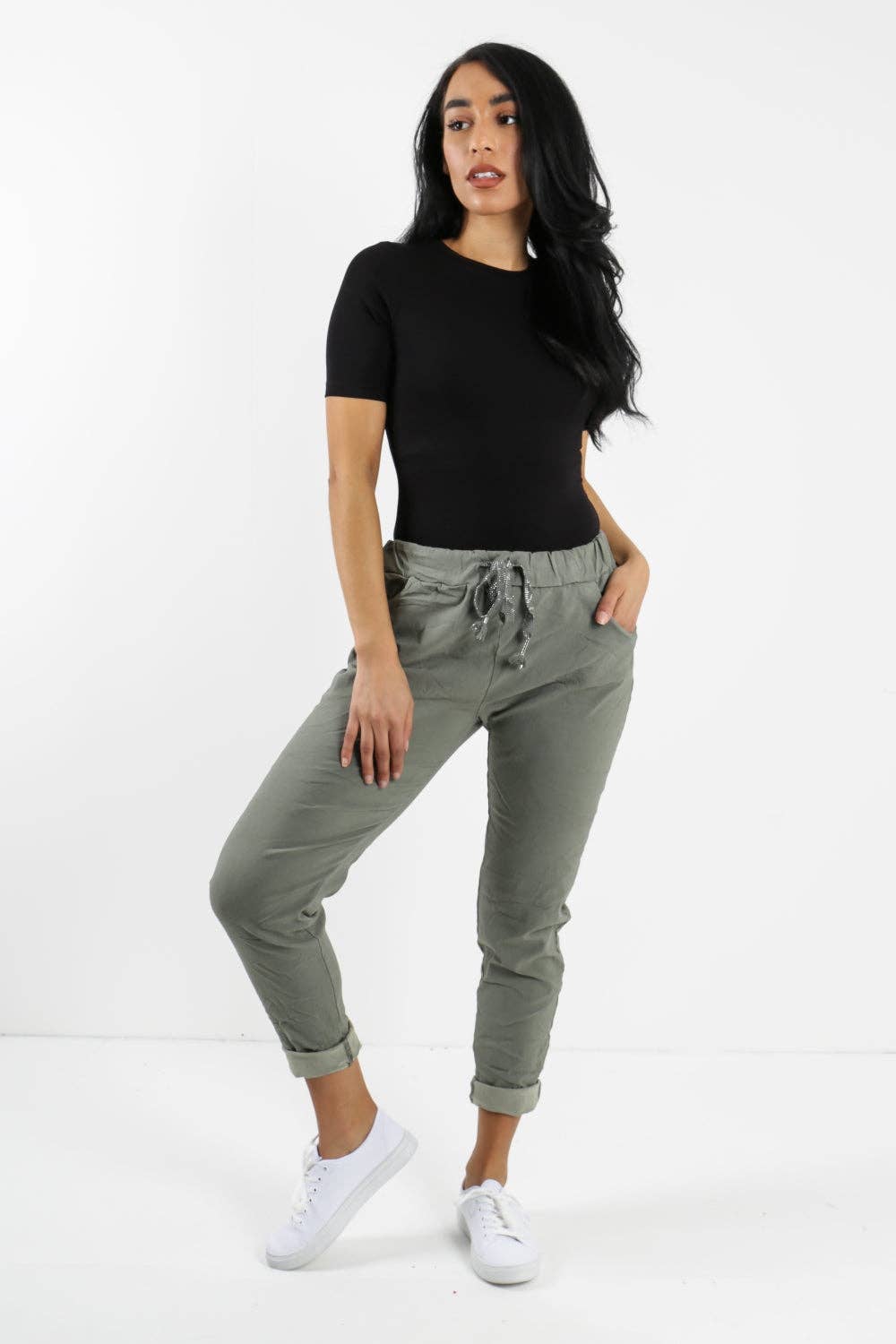 Womens Plain Magic Pants Italian Multi Colours: Khaki / One Size (UK 10-14)