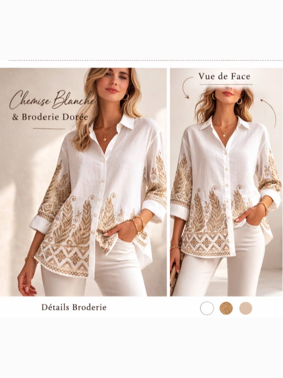 FL011 women's gold-embroidered shirt: Beige / M/L L/XL