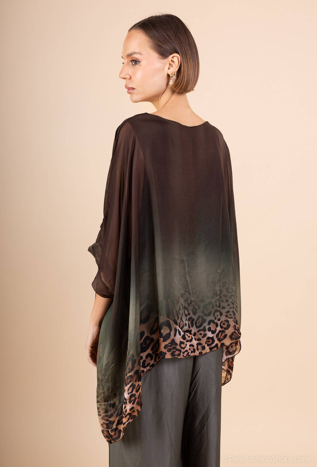 Leopard Print Silk Top 50489: 30% silk 70% viscose / Camel / One size
