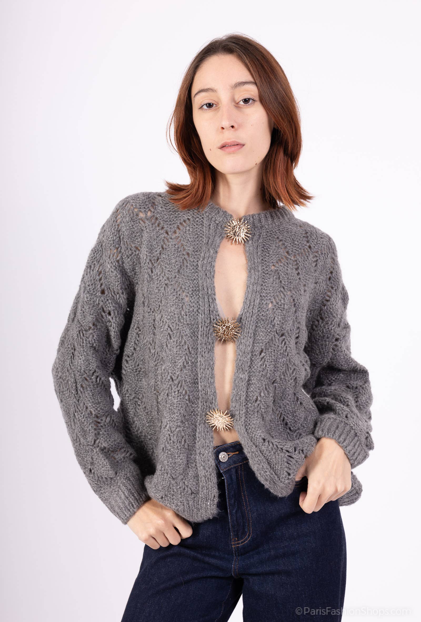 Mohair cardigan 3 sun brooches 41002: 10% mohair 20% nylon 70% acrylic / Chocolate / One size