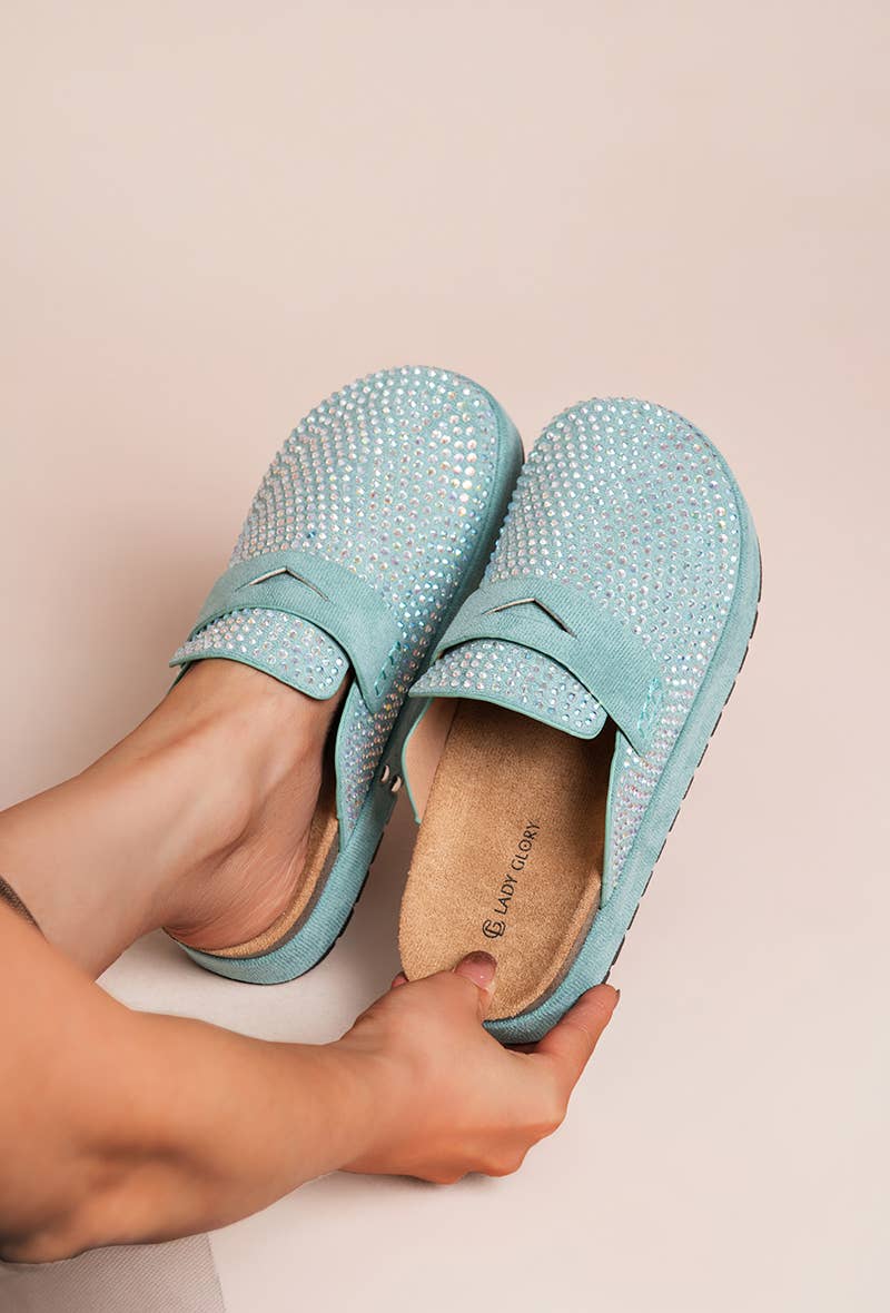 Platform mules adorned with sparkling rhinestones: Green / (36-41) 123321
