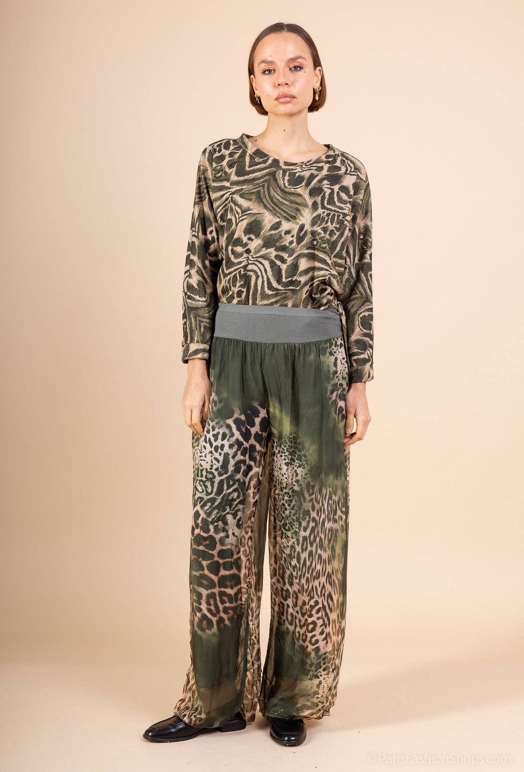 Leopard Silk Pants 20572: Khaki