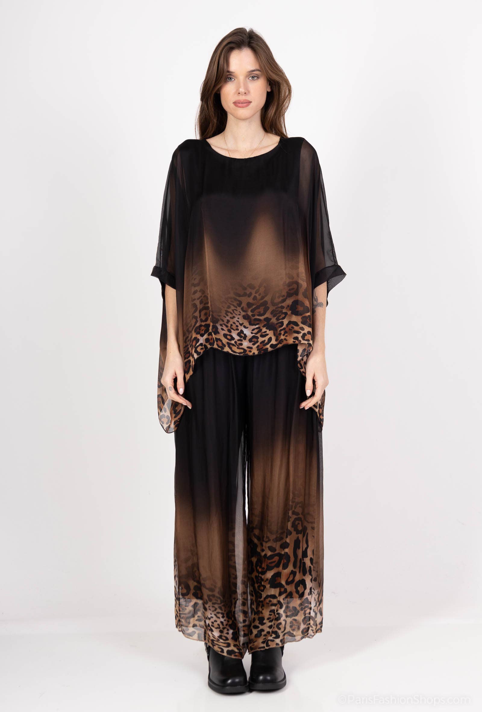 Leopard Print Silk Top 50489: 30% silk 70% viscose / Camel / One size