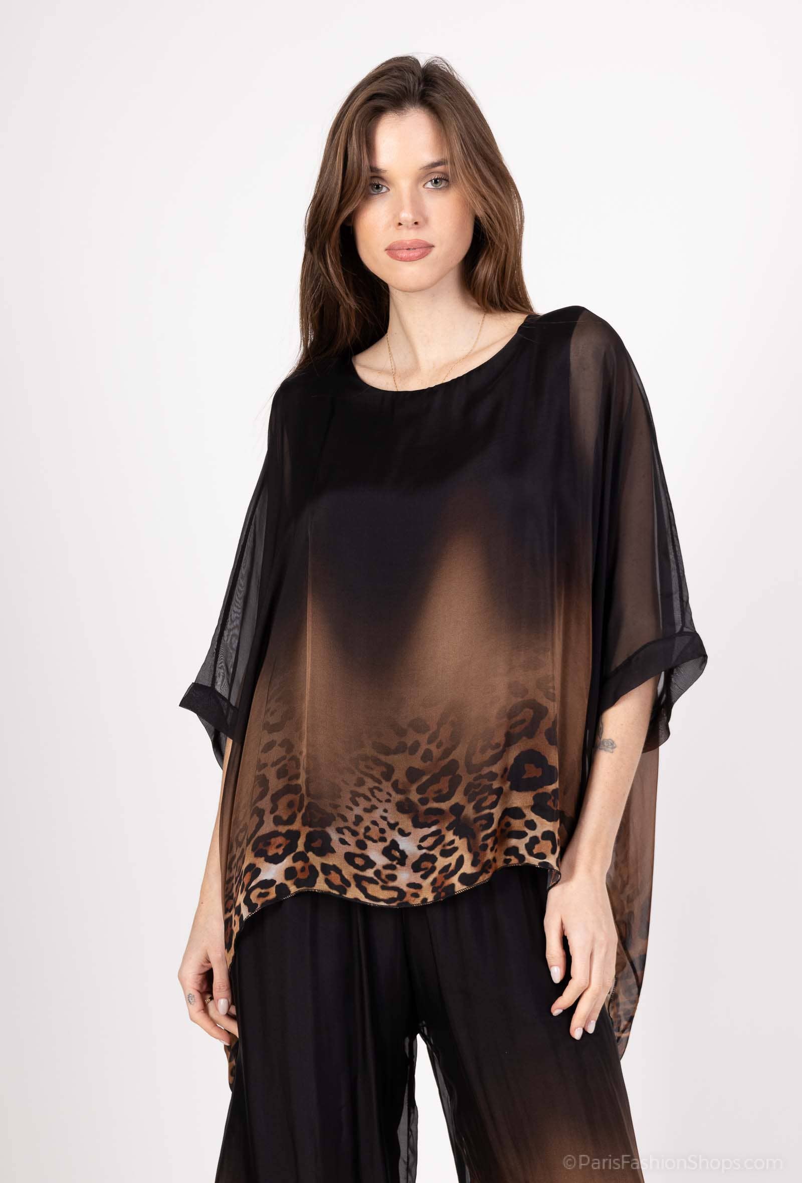 Leopard Print Silk Top 50489: 30% silk 70% viscose / Camel / One size