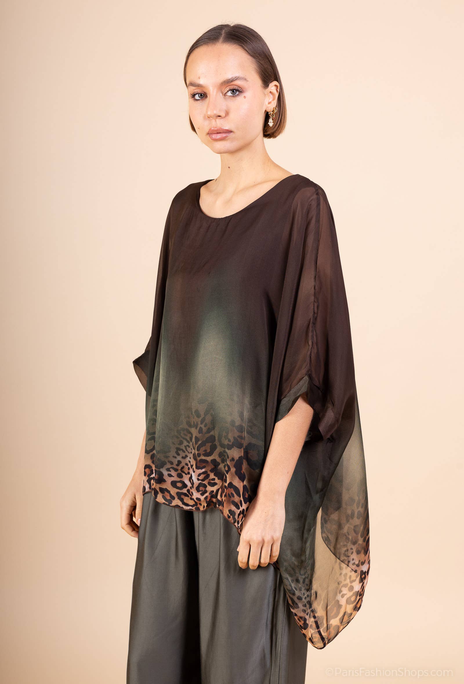 Leopard Print Silk Top 50489: 30% silk 70% viscose / Chocolate / One size