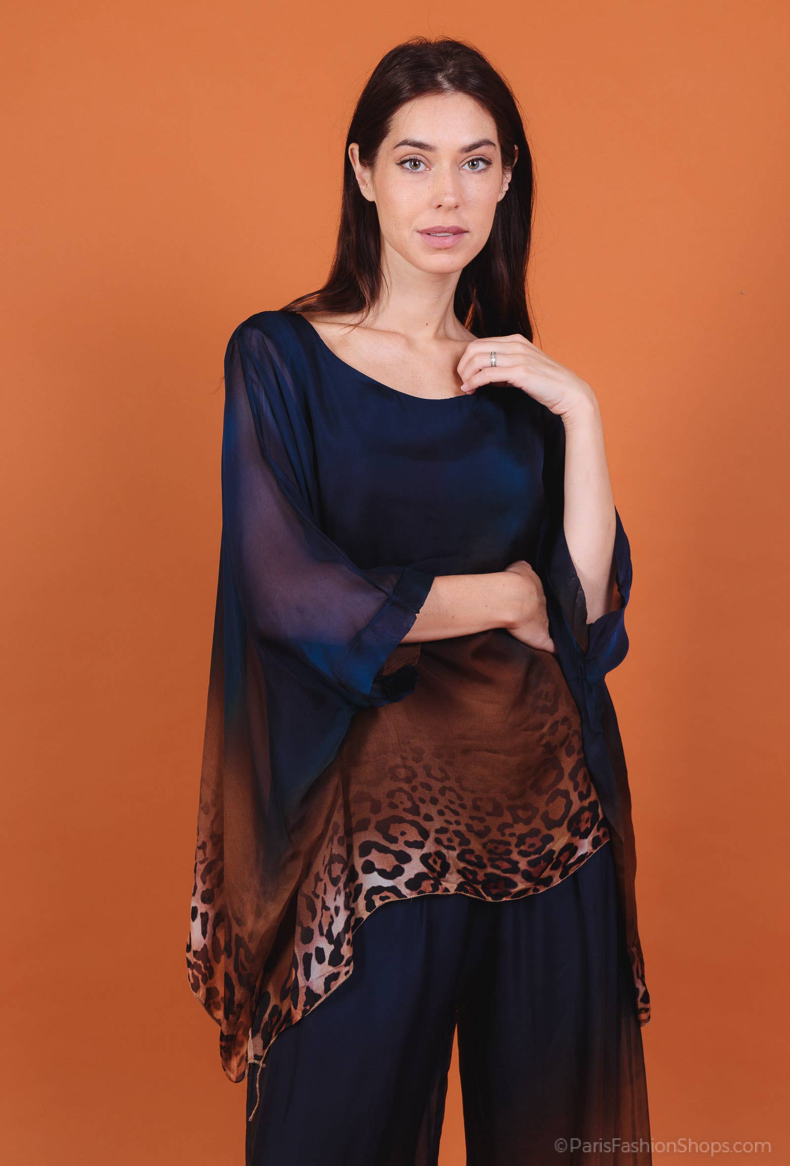 Leopard Print Silk Top 50489: 30% silk 70% viscose / Camel / One size