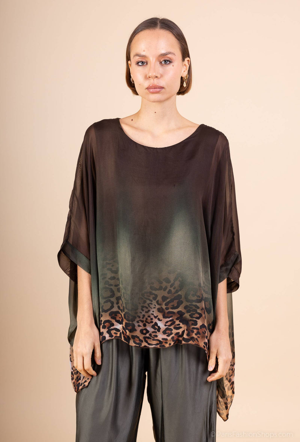 Leopard Print Silk Top 50489: 30% silk 70% viscose / Chocolate / One size