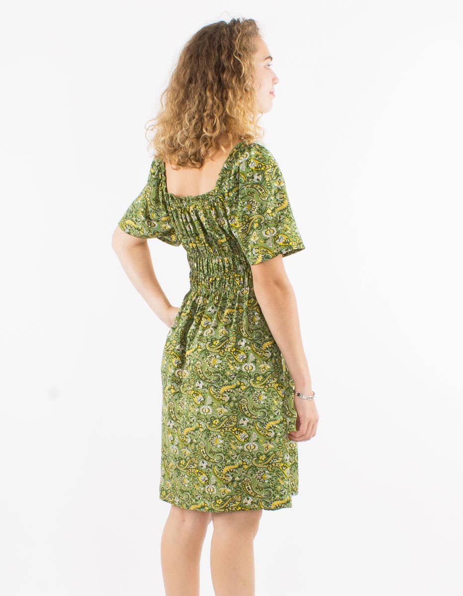 Women's dress-RO17142: Khaki / Bohemian short dress with smocks / XL