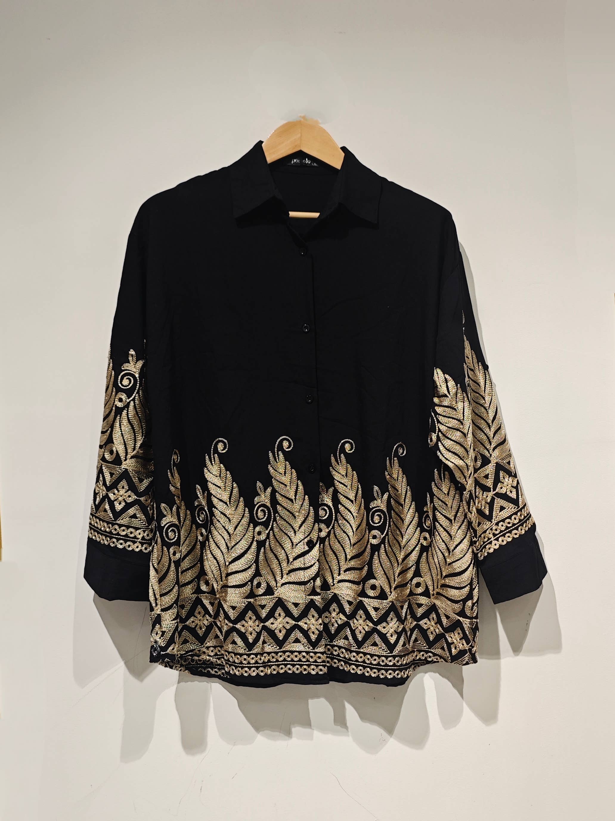 FL011 women's gold-embroidered shirt: Beige / M/L L/XL
