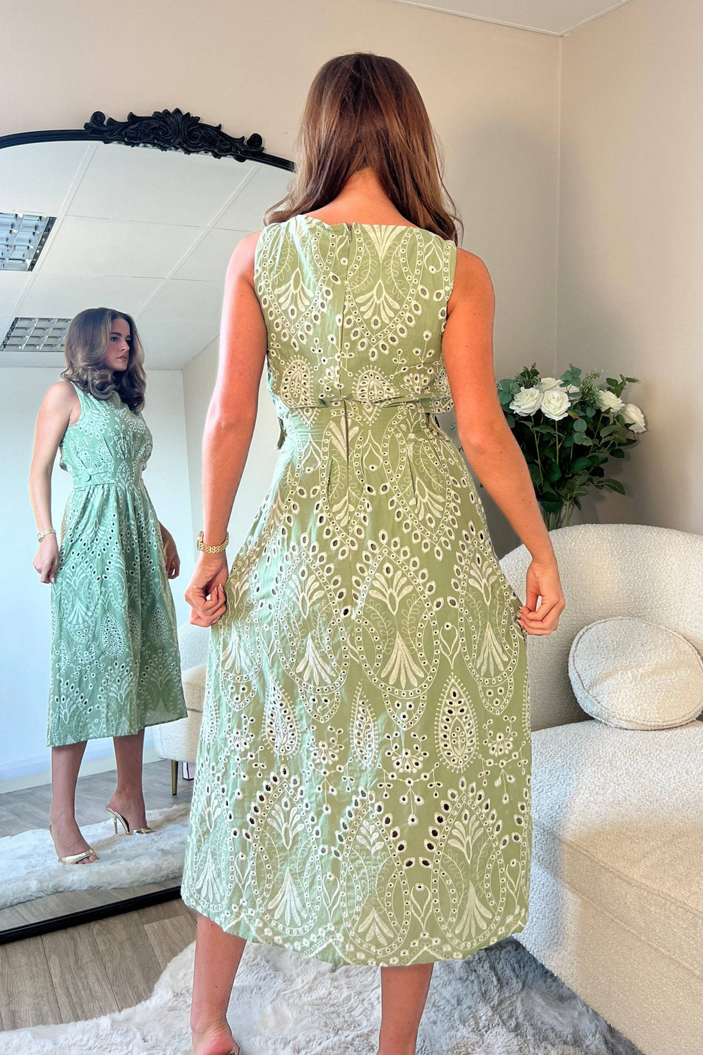 Monroe Adjustable Waist Midi Sundress In Green Broidery: Green