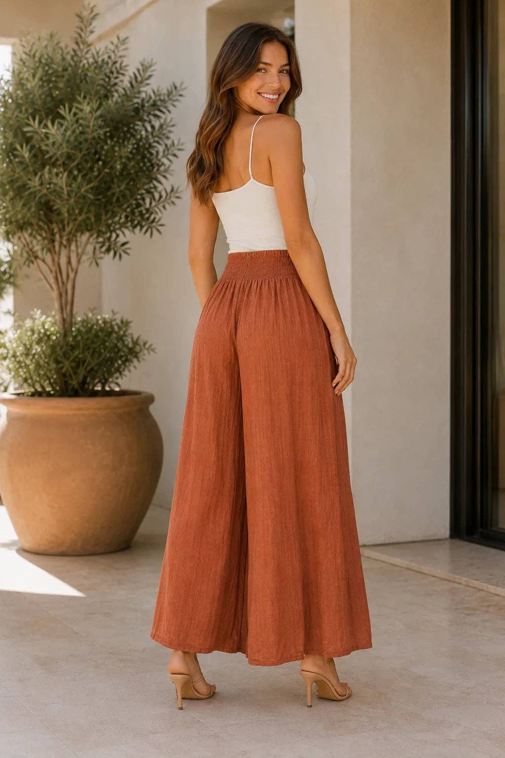 Italian Womens Viscose Wide Leg Trousers UK 8-20: Brown / One Size To Fit UK 8-20