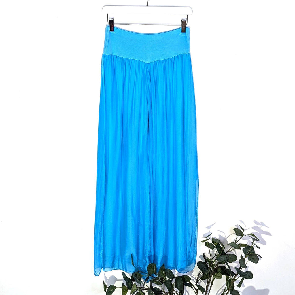 Straight leg silk blend trousers with stretchy waist band: MGRY
