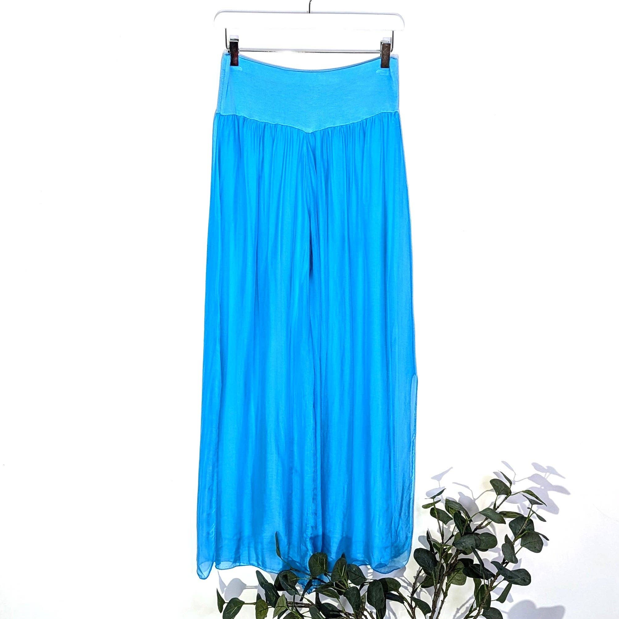 Straight leg silk blend trousers with stretchy waist band: MGRY