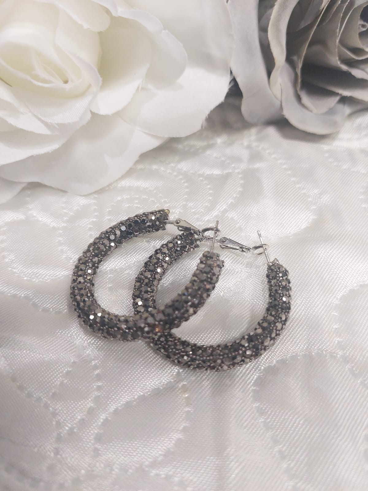 Small Dark Grey Crystal Hoop Earrings