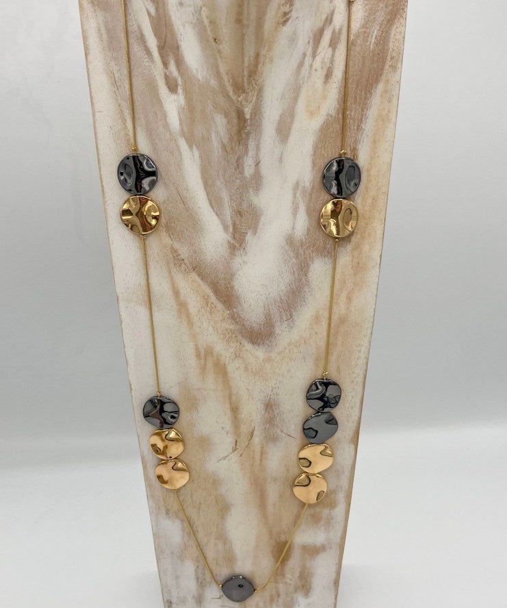 Jess & Lou Long Gold and Black Pebble Necklace