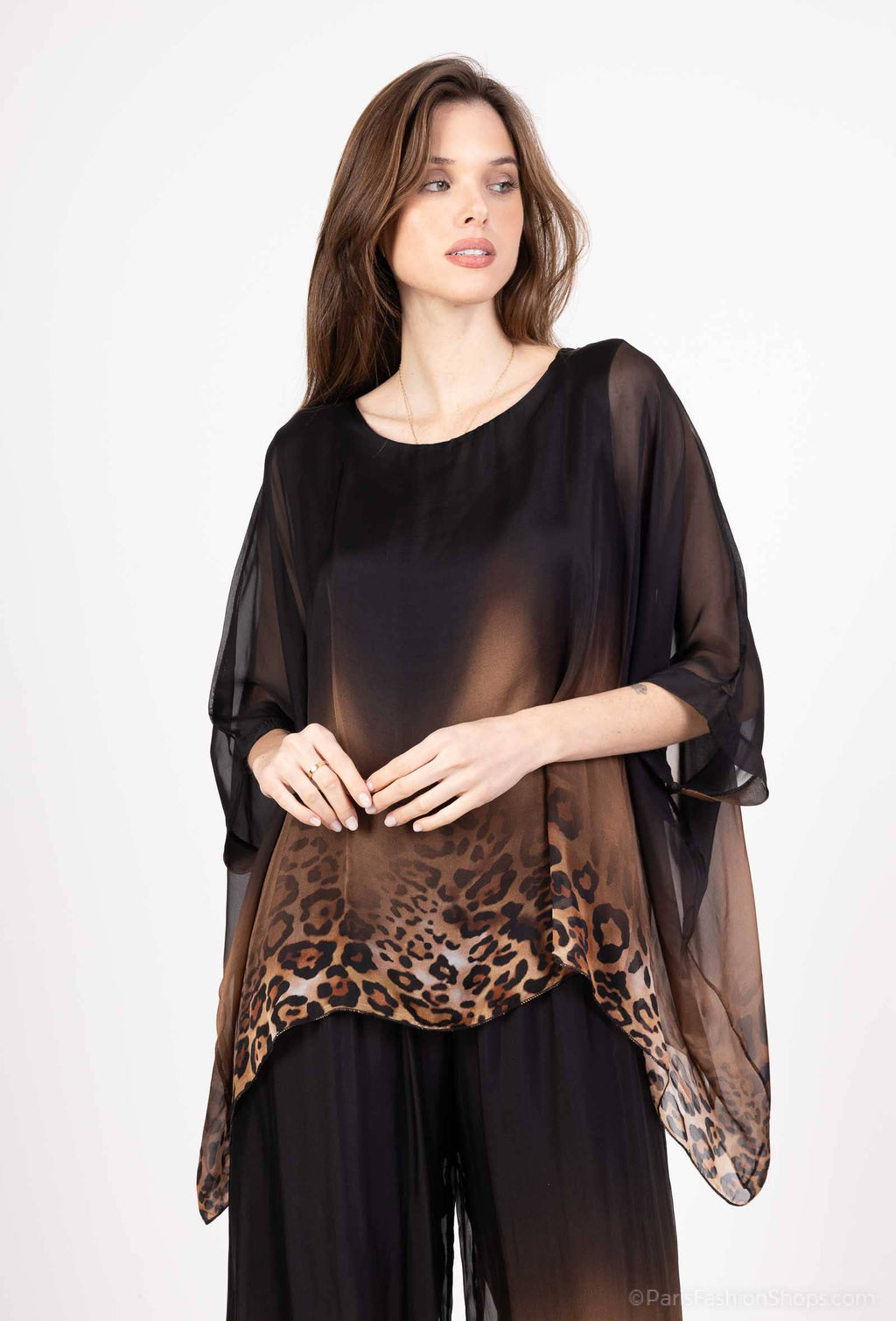Leopard Print Silk Top 50489: 30% silk 70% viscose / Camel / One size