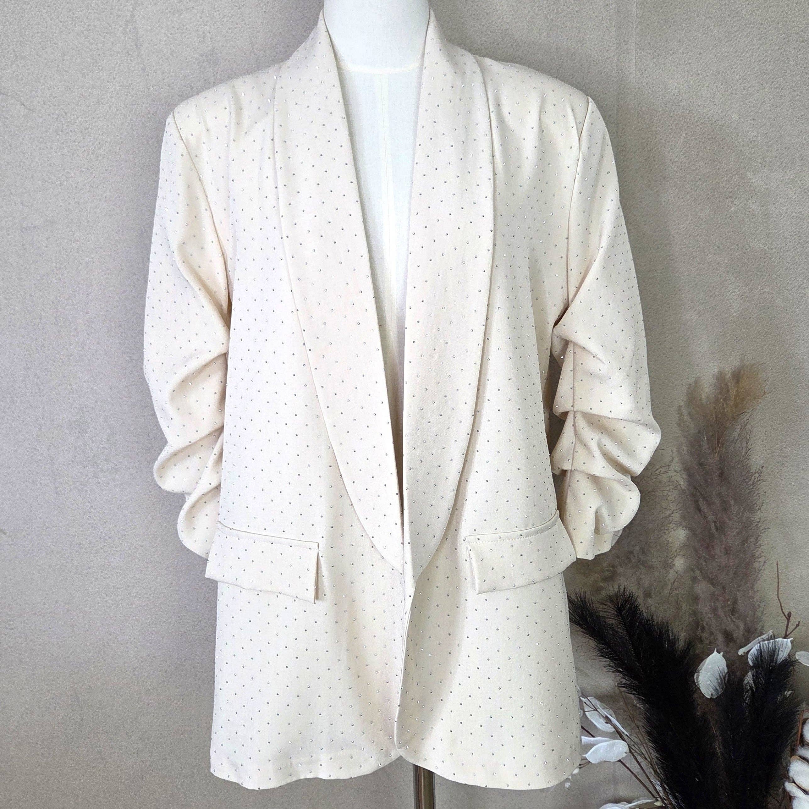 Crystal fabric blazer with ruched sleeves (M): Beige