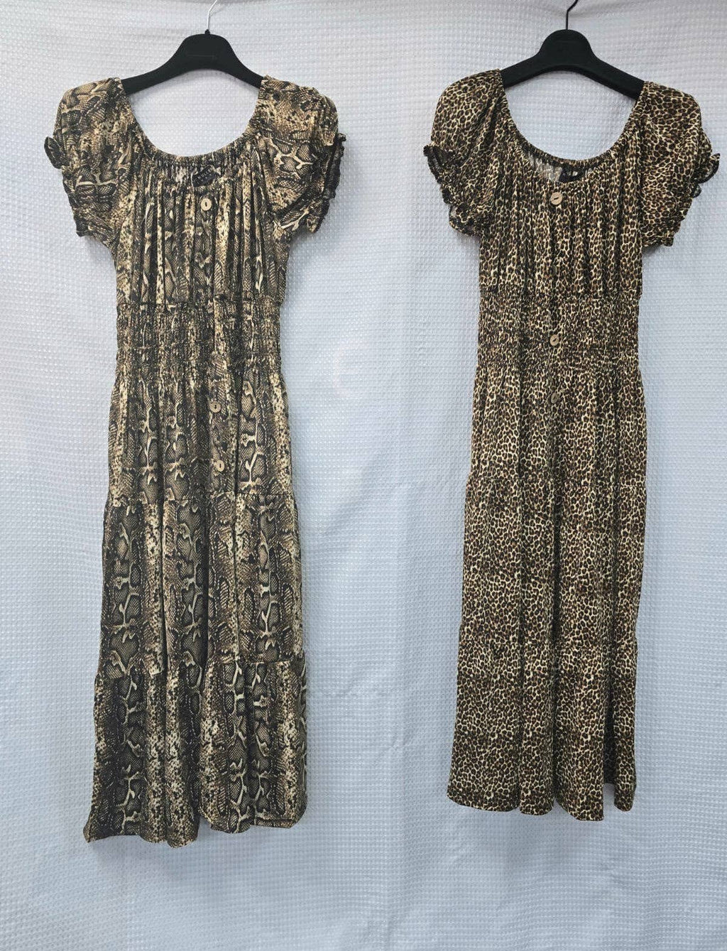 Animal Printed Bardot Midi Dresses: Brown Leopard
