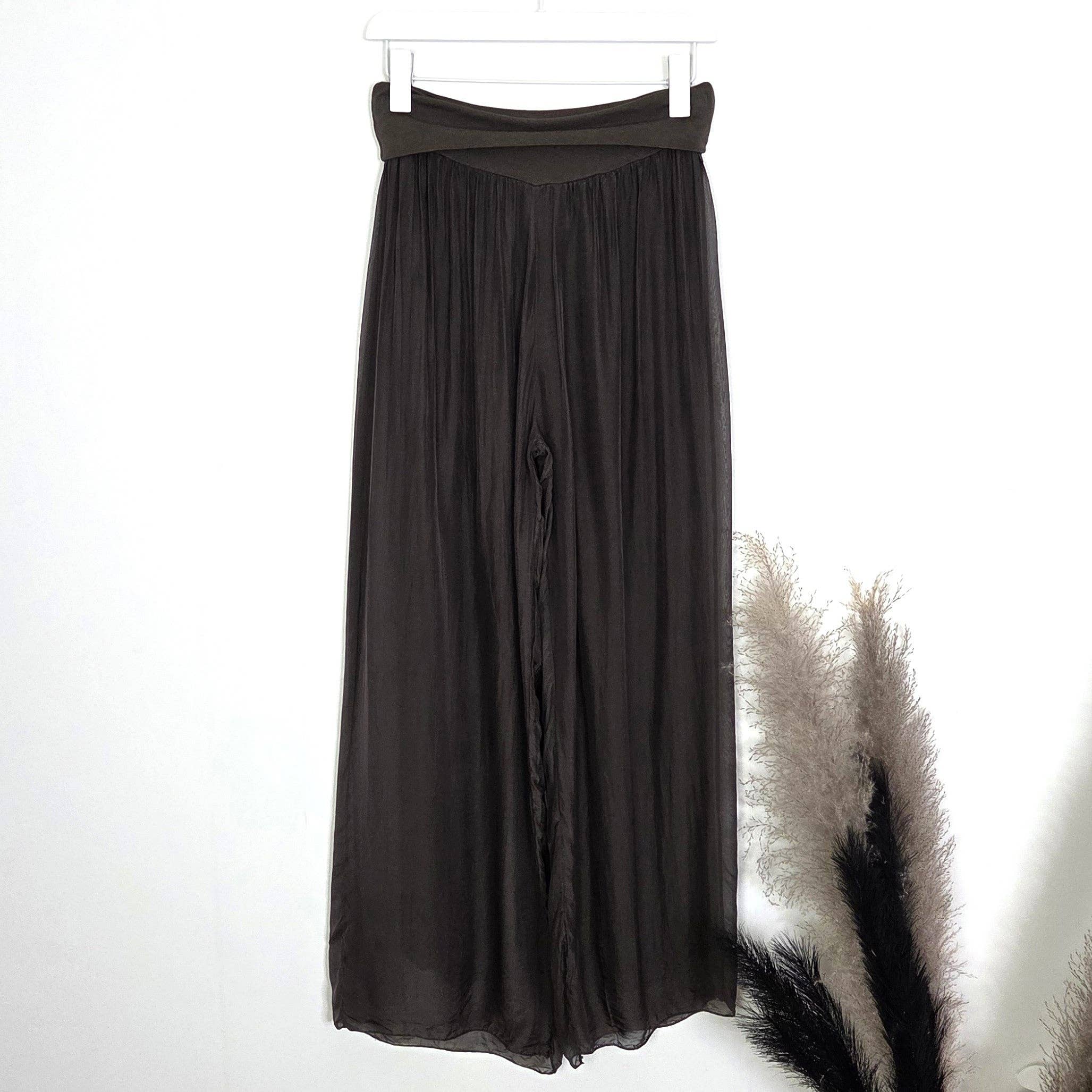 Straight leg silk blend pants with stretchy jersey waist band (M-L): Cream
