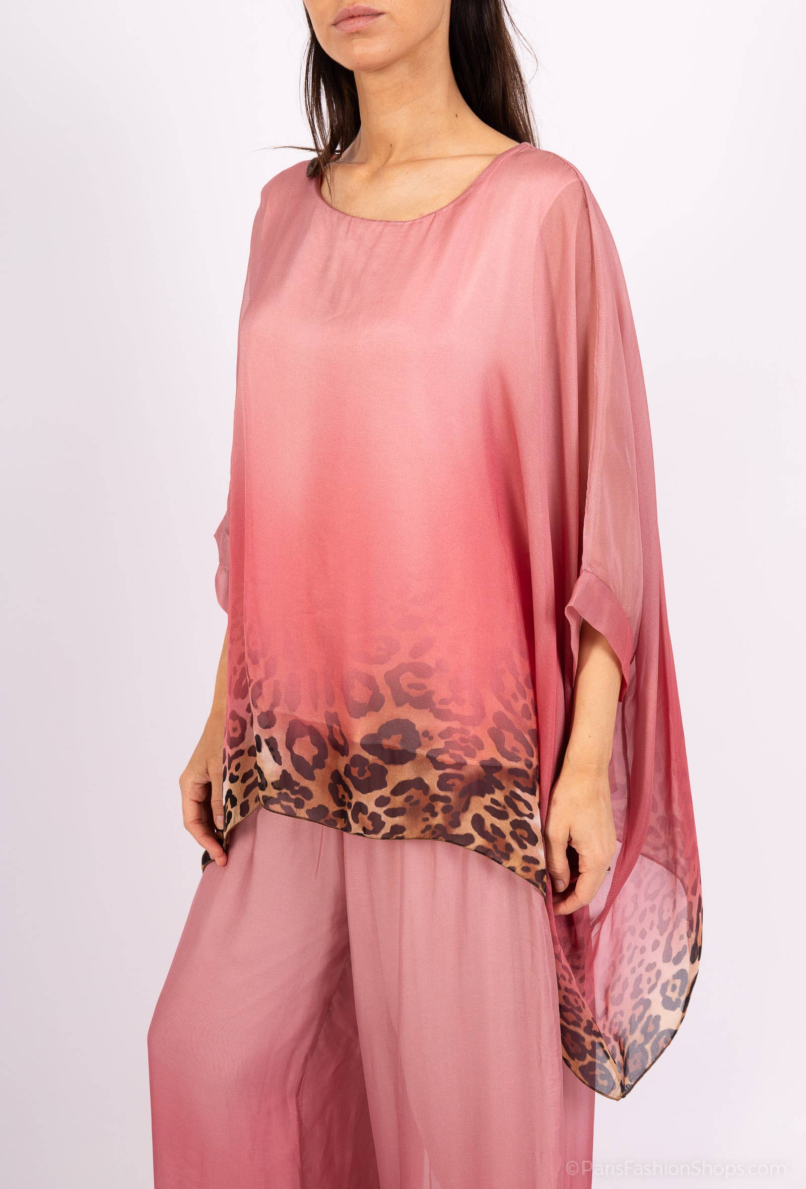 Leopard Print Silk Top 50489: 30% silk 70% viscose / Camel / One size