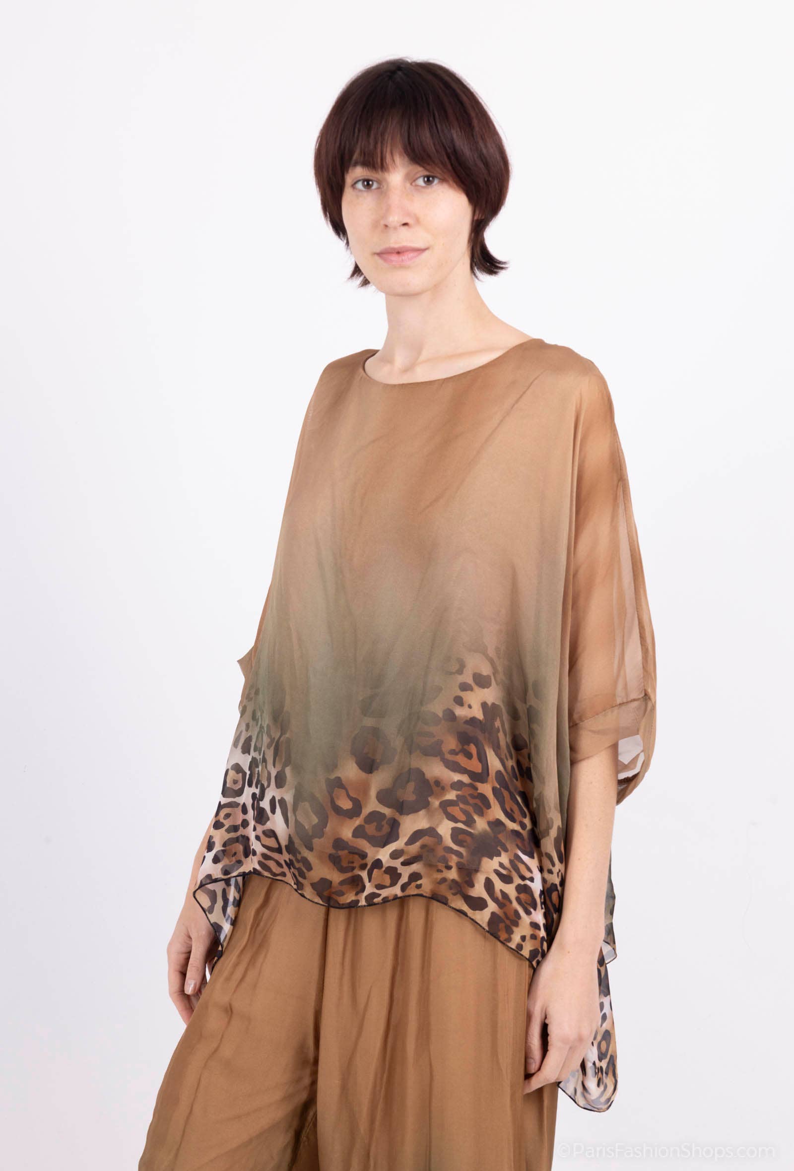Leopard Print Silk Top 50489: 30% silk 70% viscose / Camel / One size