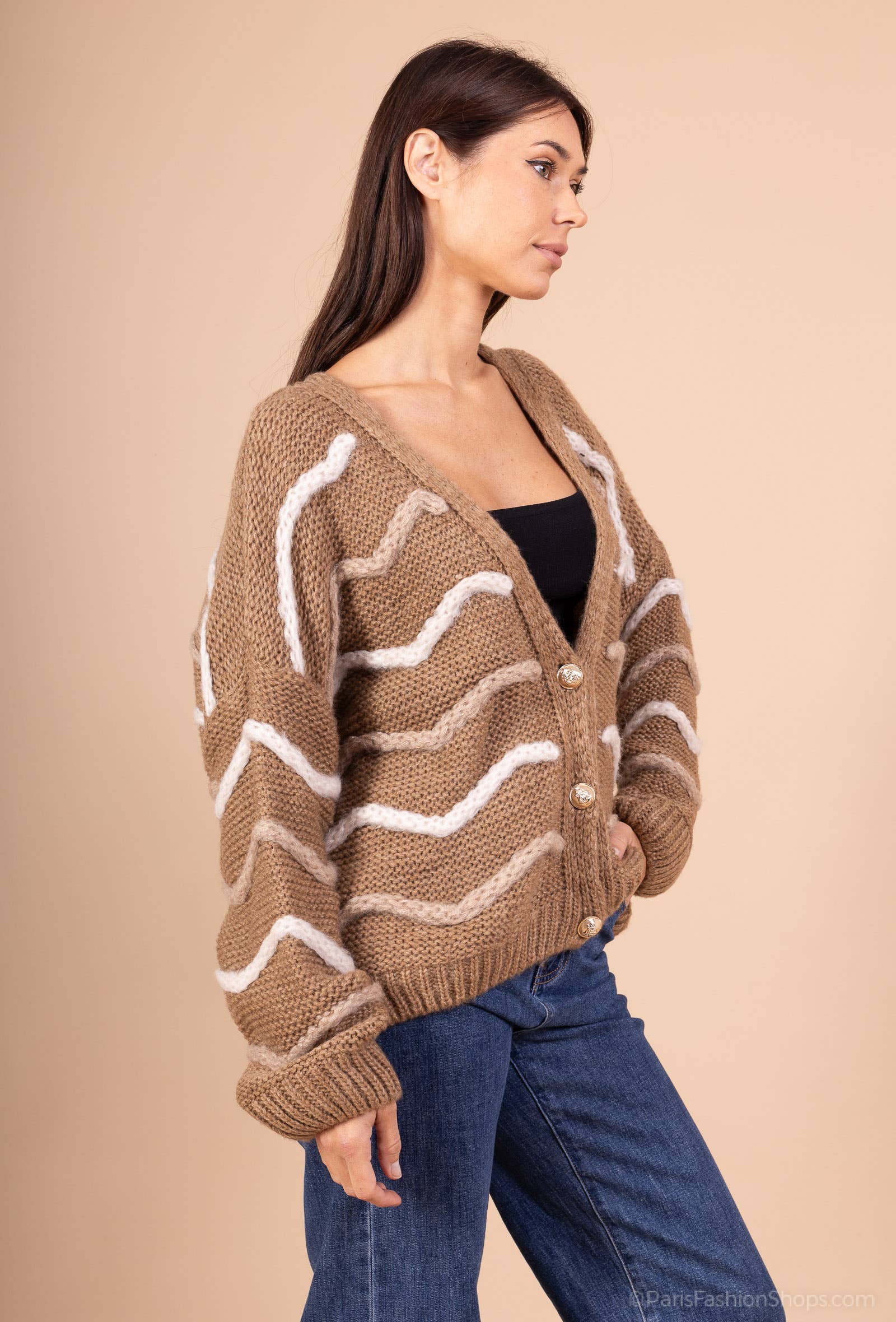 Mohair wave cardigan 13423: 10% mohair 20% nylon 70% acrylique / Kaki / Taille unique