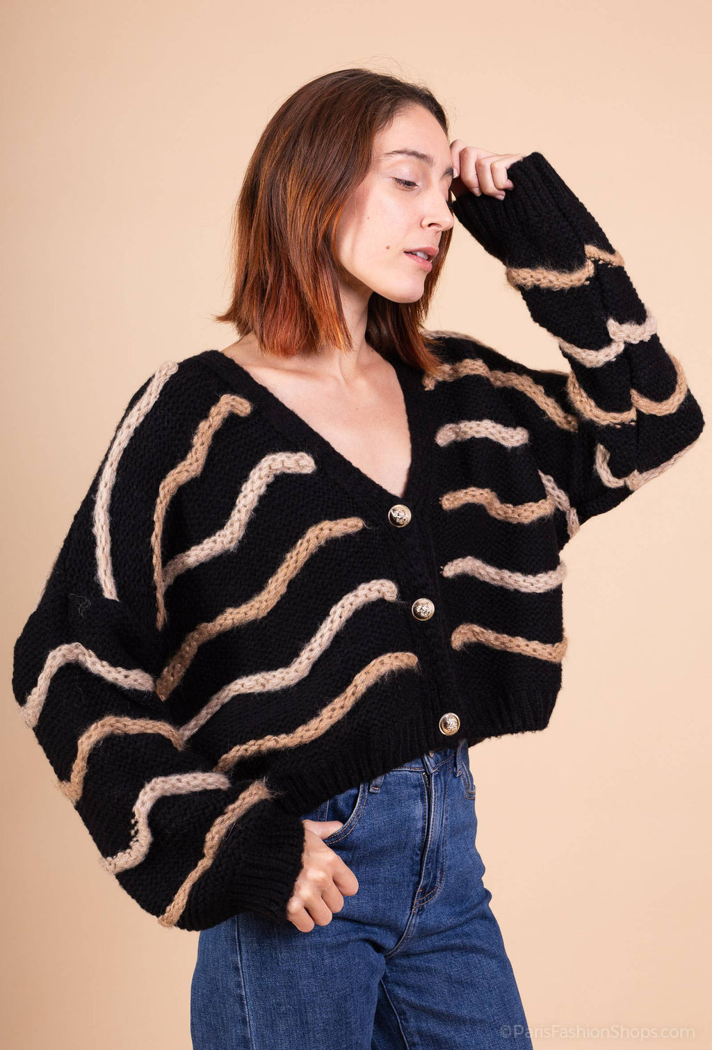 Mohair wave cardigan 13423: 10% mohair 20% nylon 70% acrylique / Marine / Taille unique