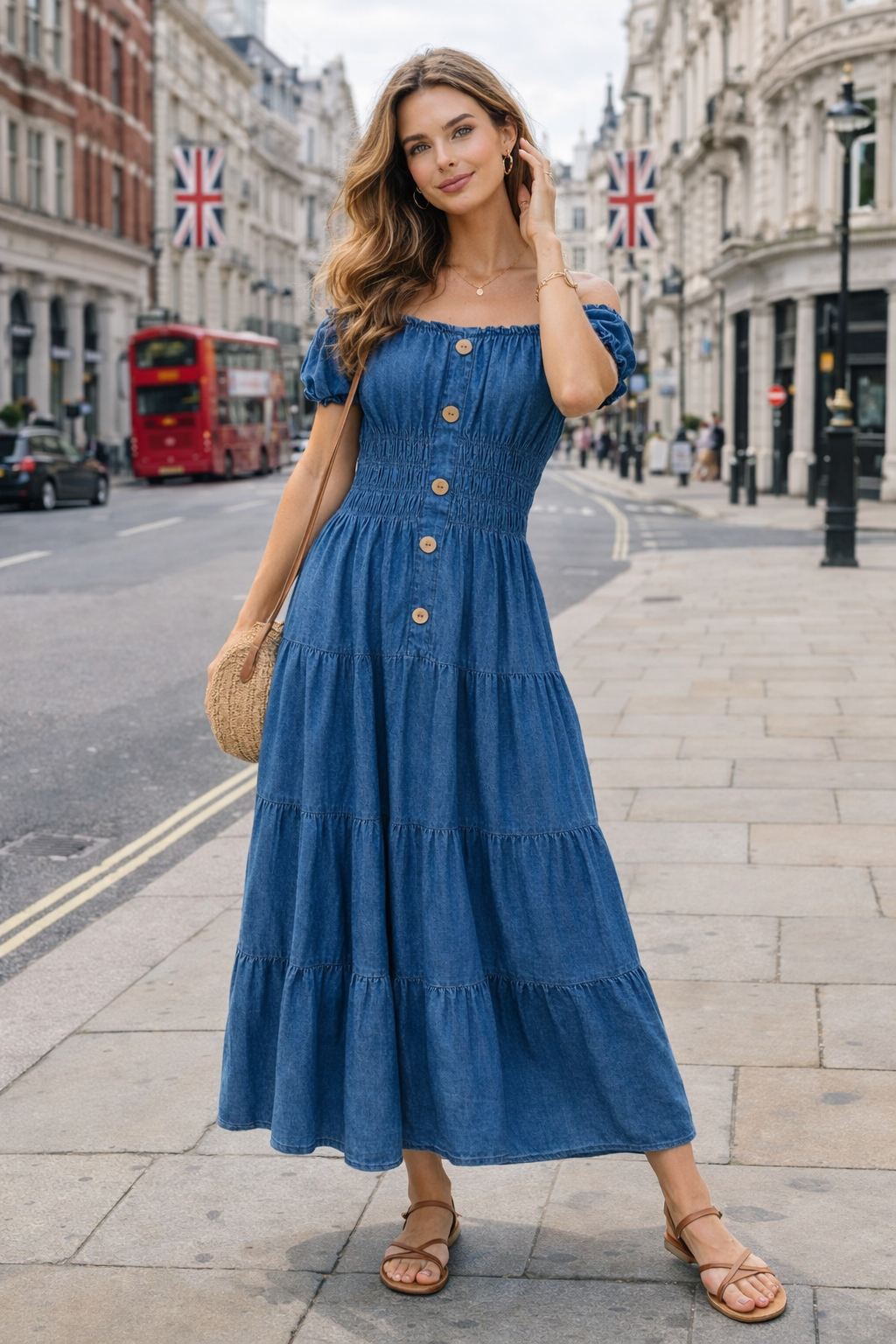 Cotton Denim Bardot Maxi Dress