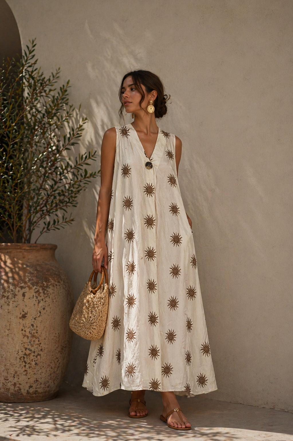 Flowing Sun‑Print Dress – Natural Elegance Sunset: Brown / M/L - L/XL