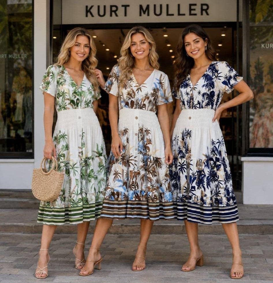 Palms Print V Midi Dress: Brown