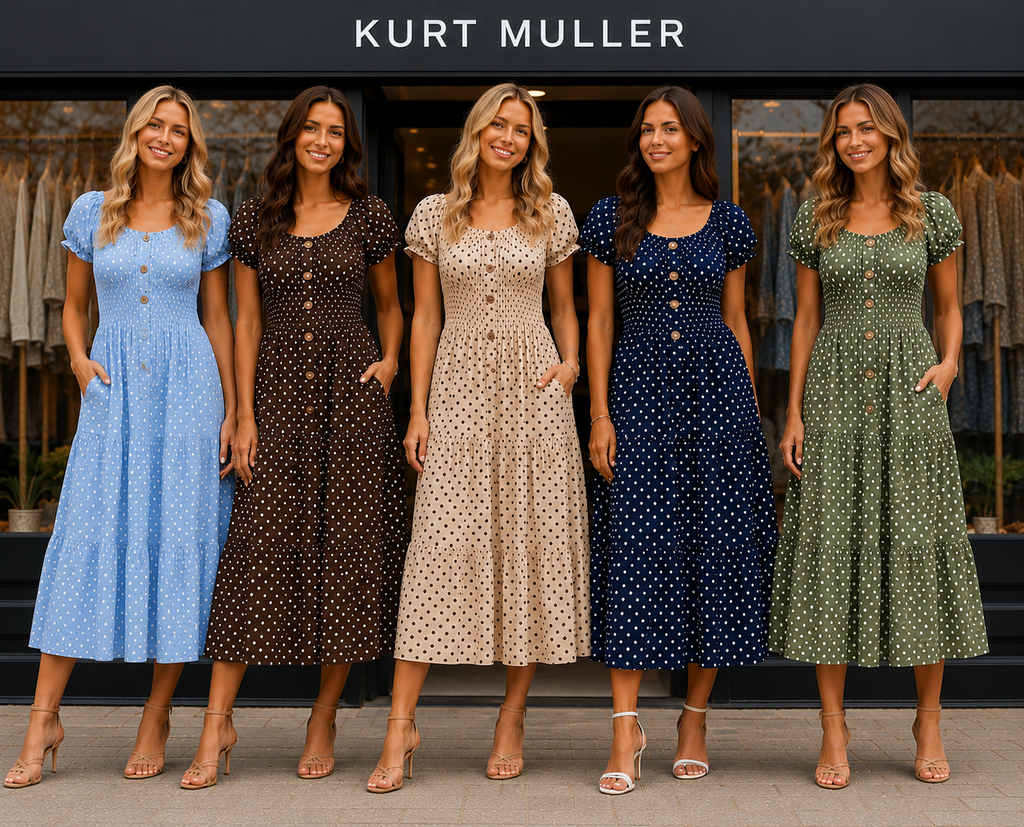 Priya Polka Dot Midi Bardot Dress: Beige