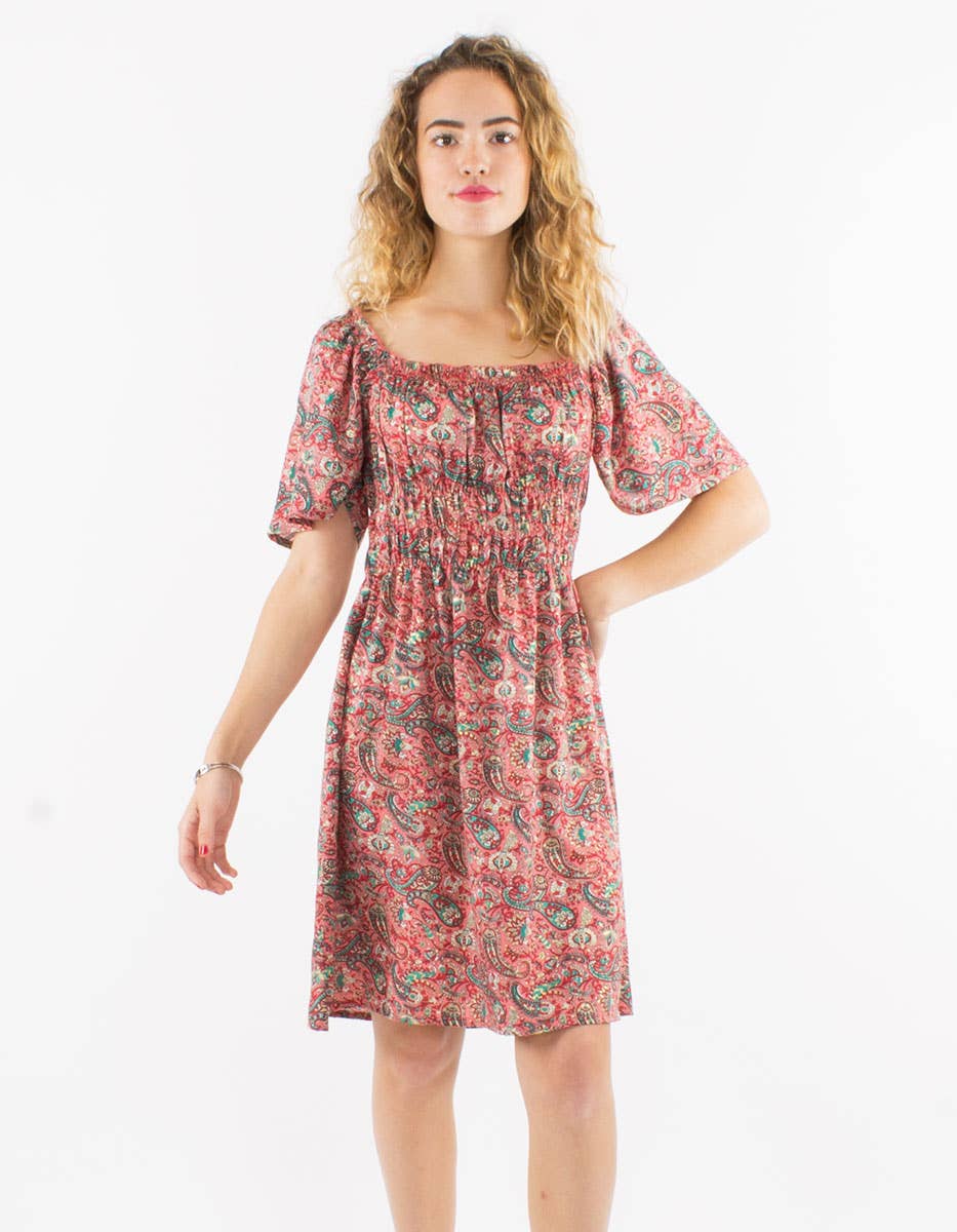 Women's dress-RO17142: Khaki / Bohemian short dress with smocks / S