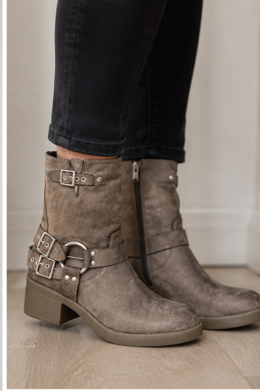 Taupe buckle detail mid calf ankle boots