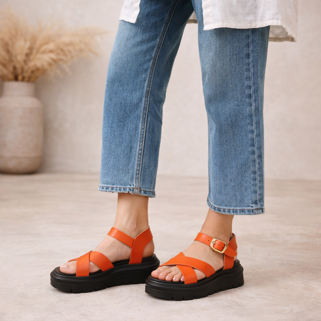 Heavenly Feet Orange Chunky Sole Comfort Sandals