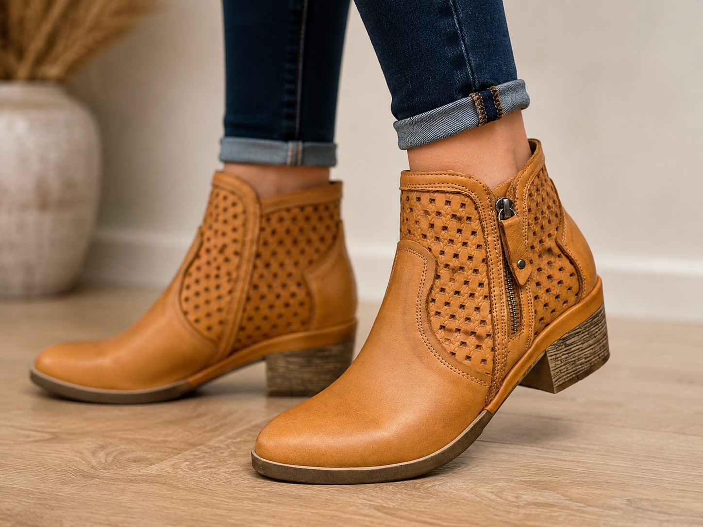 Modela Tan Leather Cut-Out Ankle Boots