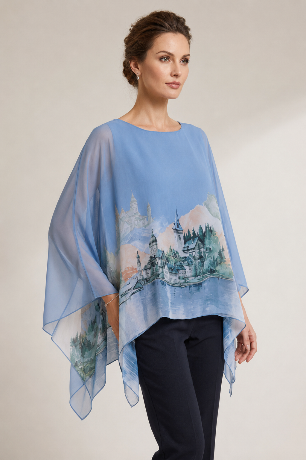 Silk lakeside print poncho floaty top