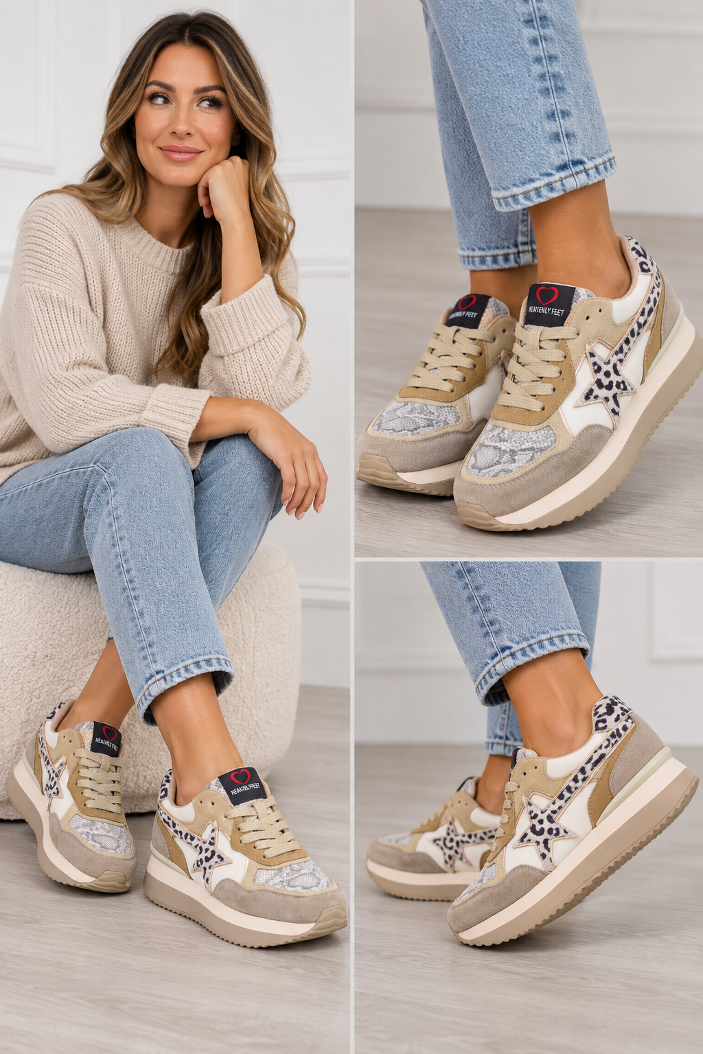 Heavenly Feet Leopard Star Platform Trainers – Beige Multi