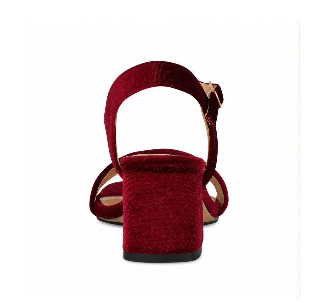 Burgundy velvet Alicia heeled sandals, evening shoes.