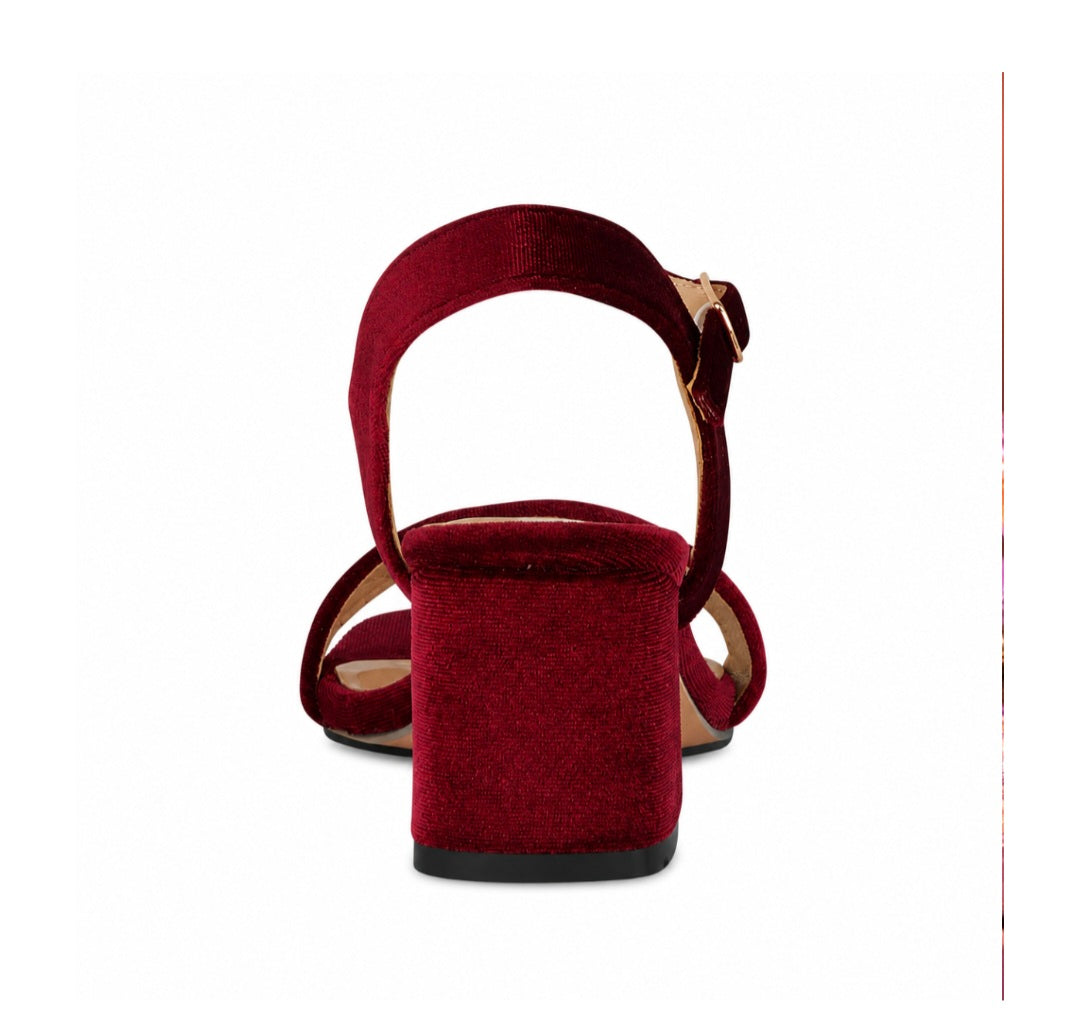 Burgundy velvet Alicia heeled sandals, evening shoes.