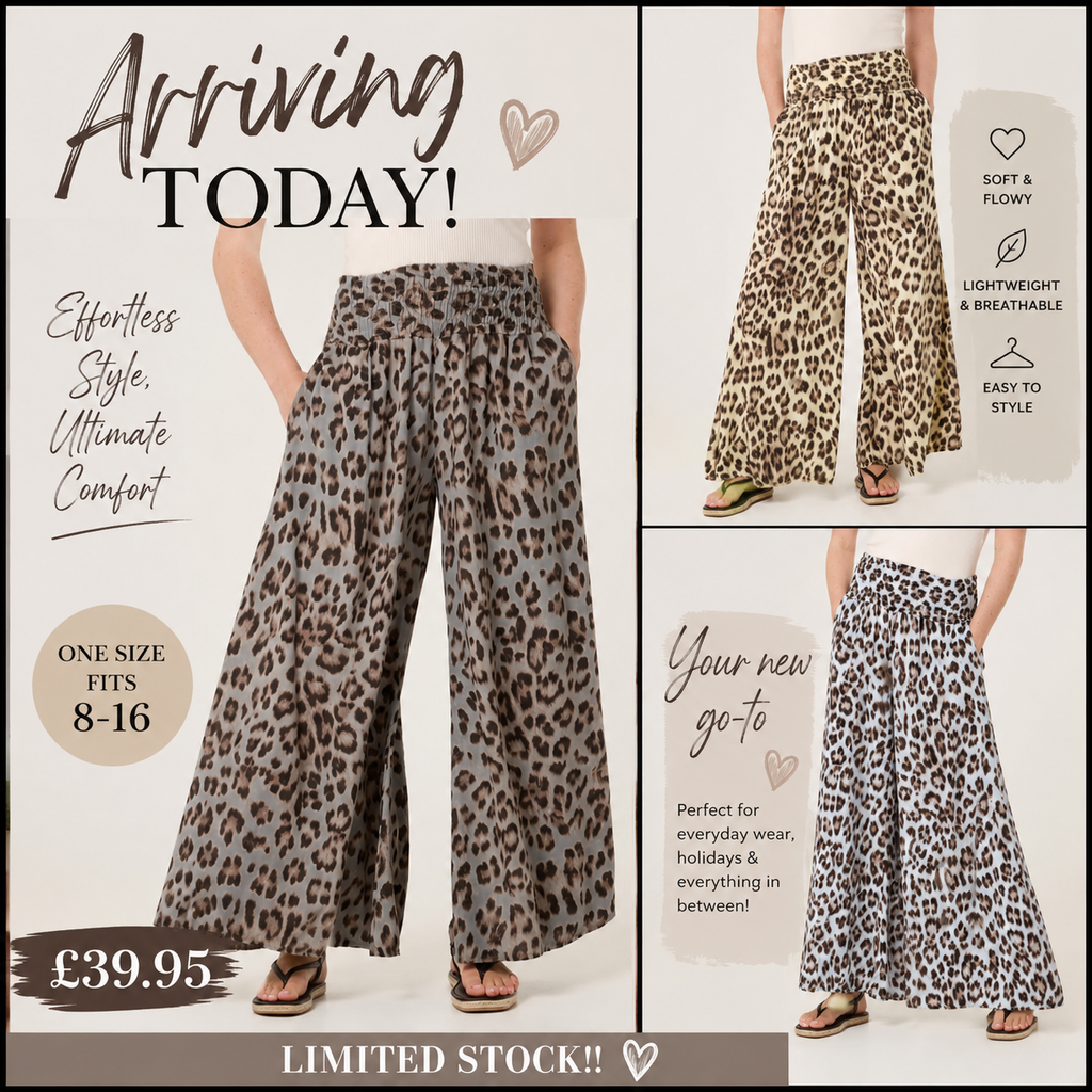 Wide leg leopard print palazzo trousers one size. Fits 8-16