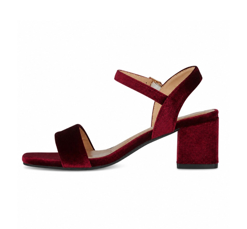 Burgundy velvet Alicia heeled sandals, evening shoes.