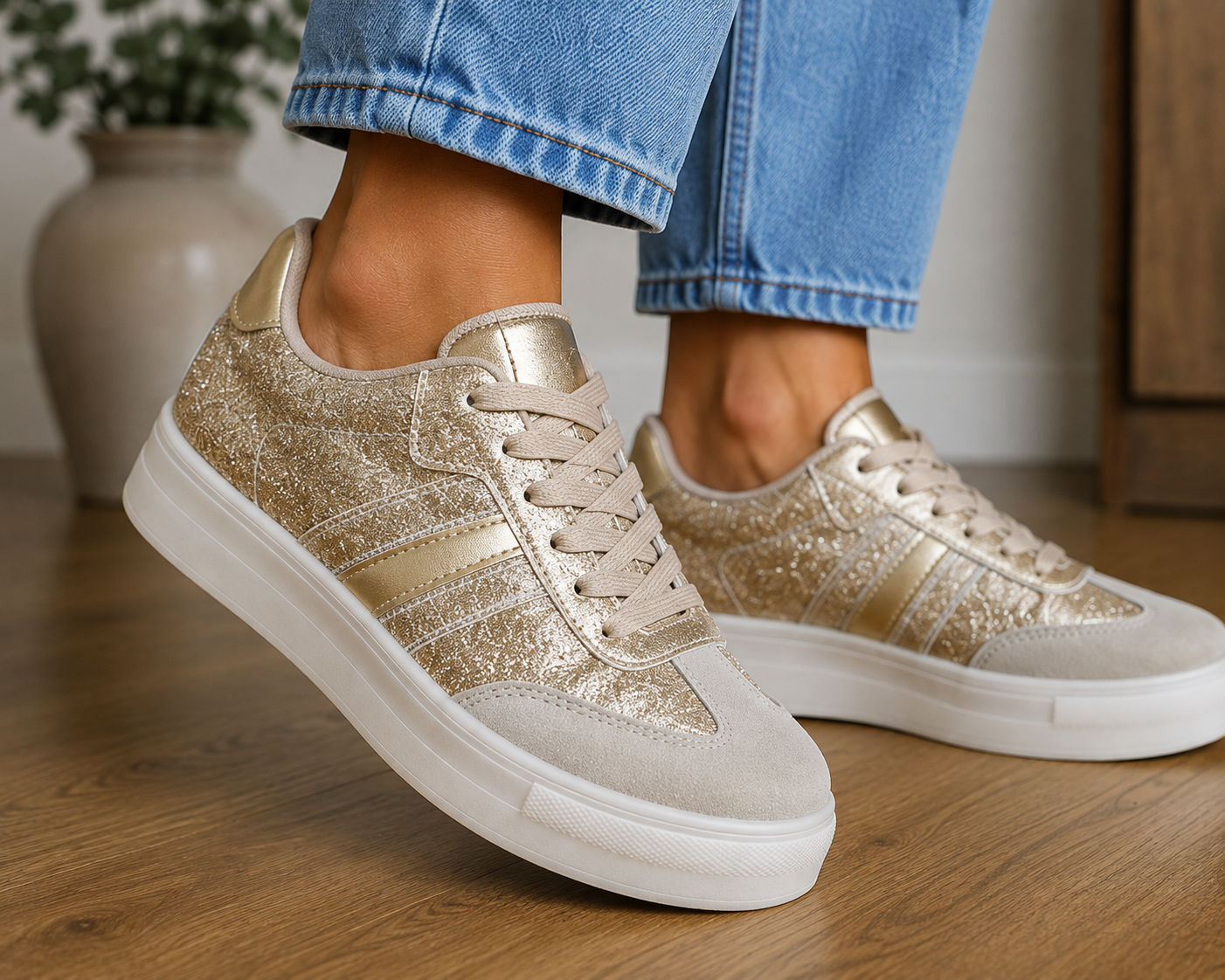 Gold glitter platform trainers,  champagne sparkle lace up sneakers